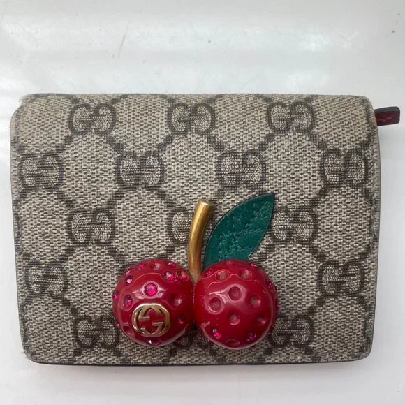 GUCCI GG Supreme Monogram Cherry Embellished Card Case Wallet Hibiscus Red - Picture 9 of 13